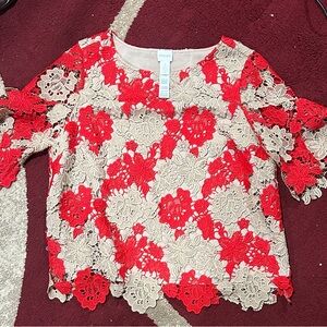 Chico's Red and Cream Lace Floral Blouse
